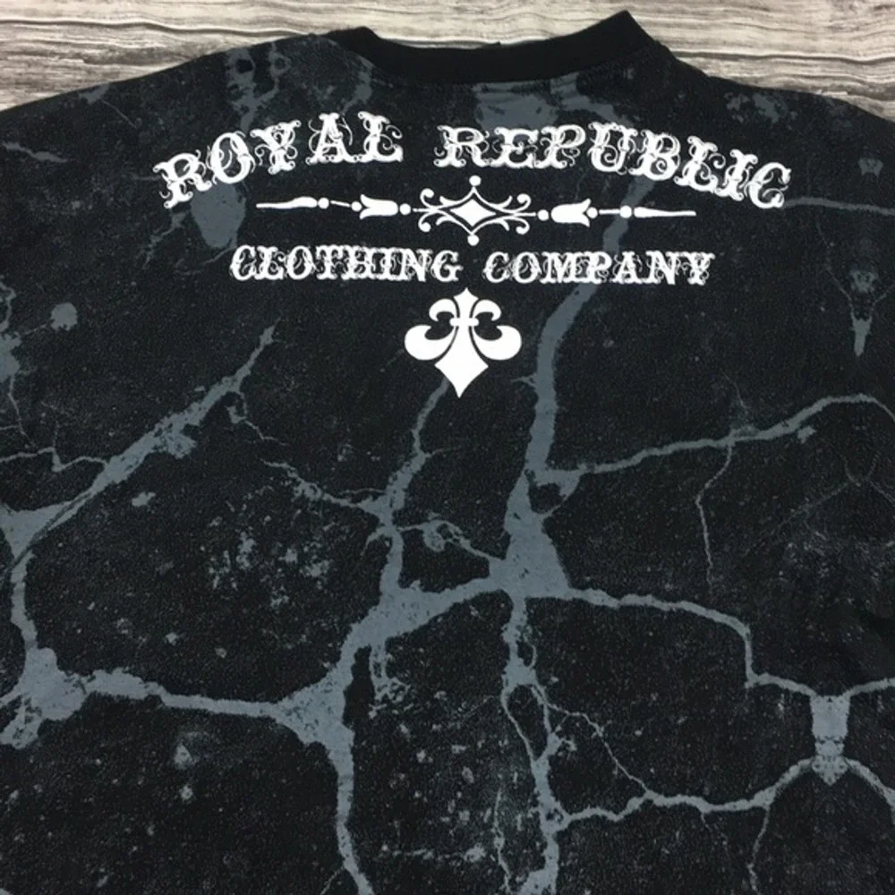 Royal Republic Mens2XL Black Marble Acid Wash Graphic T-Shirt Fleur De Lis Eagle